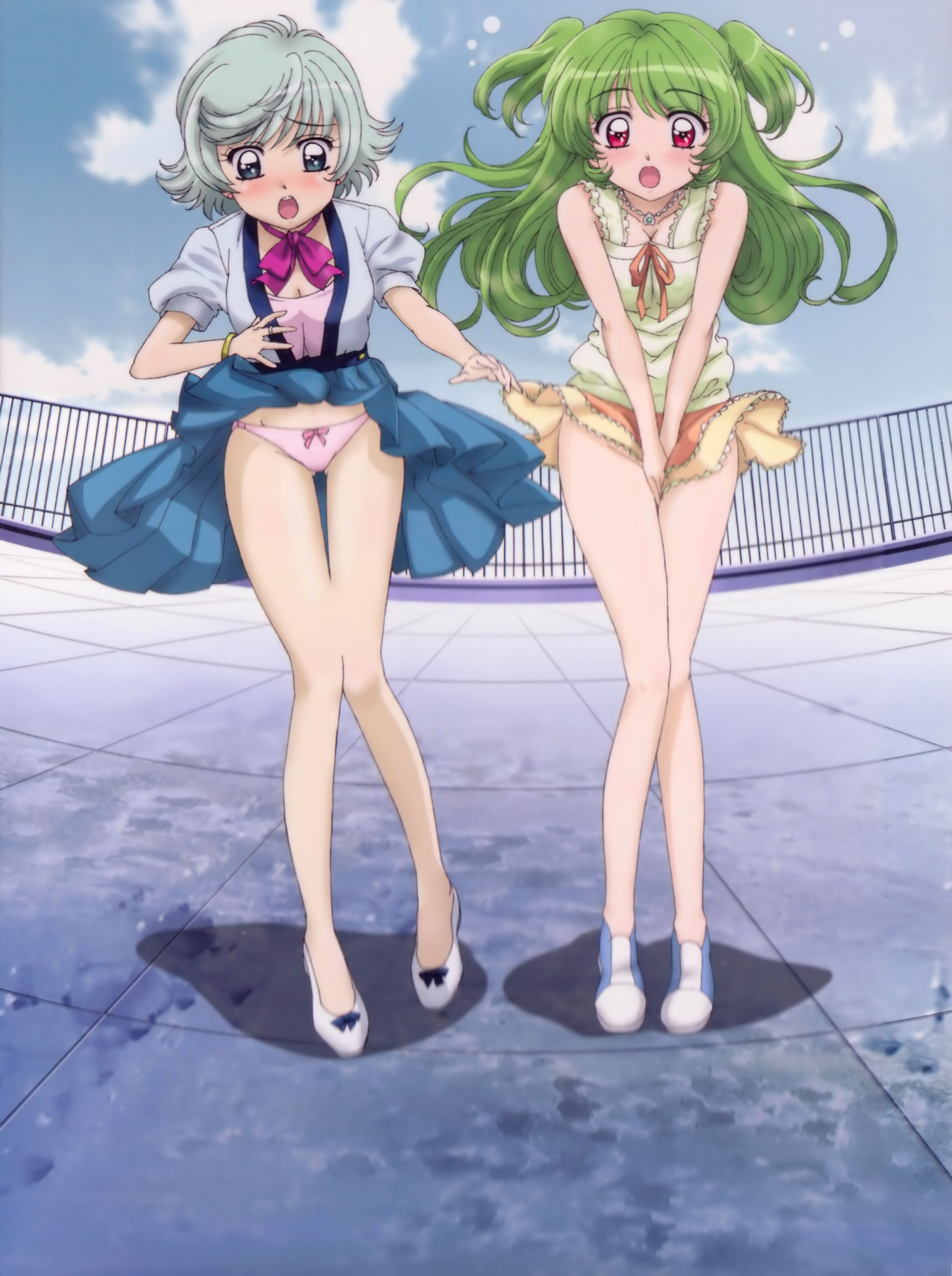 dare, gokyouya (inukami), youko (inukami), inukami!, absurdres, highres, non-web source, 00s, bare legs, blush, green hair, legs, long hair, long legs, no panties, panties, pantyshot, red eyes, short hair, underwear, wind, wind lift