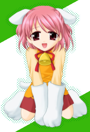 min, yagami coco, ever 17, lowres, 1girl, :d, animal ears, animal hands, bell, collar, dog ears, dog tail, female focus, flat chest, halftone, halftone background, kneeling, neck bell, open mouth, pink hair, polka dot, rabbit ears, raglan sleeves, red eyes, ribbon, short hair, short twintails, skirt, smile, solo, tail, twintails