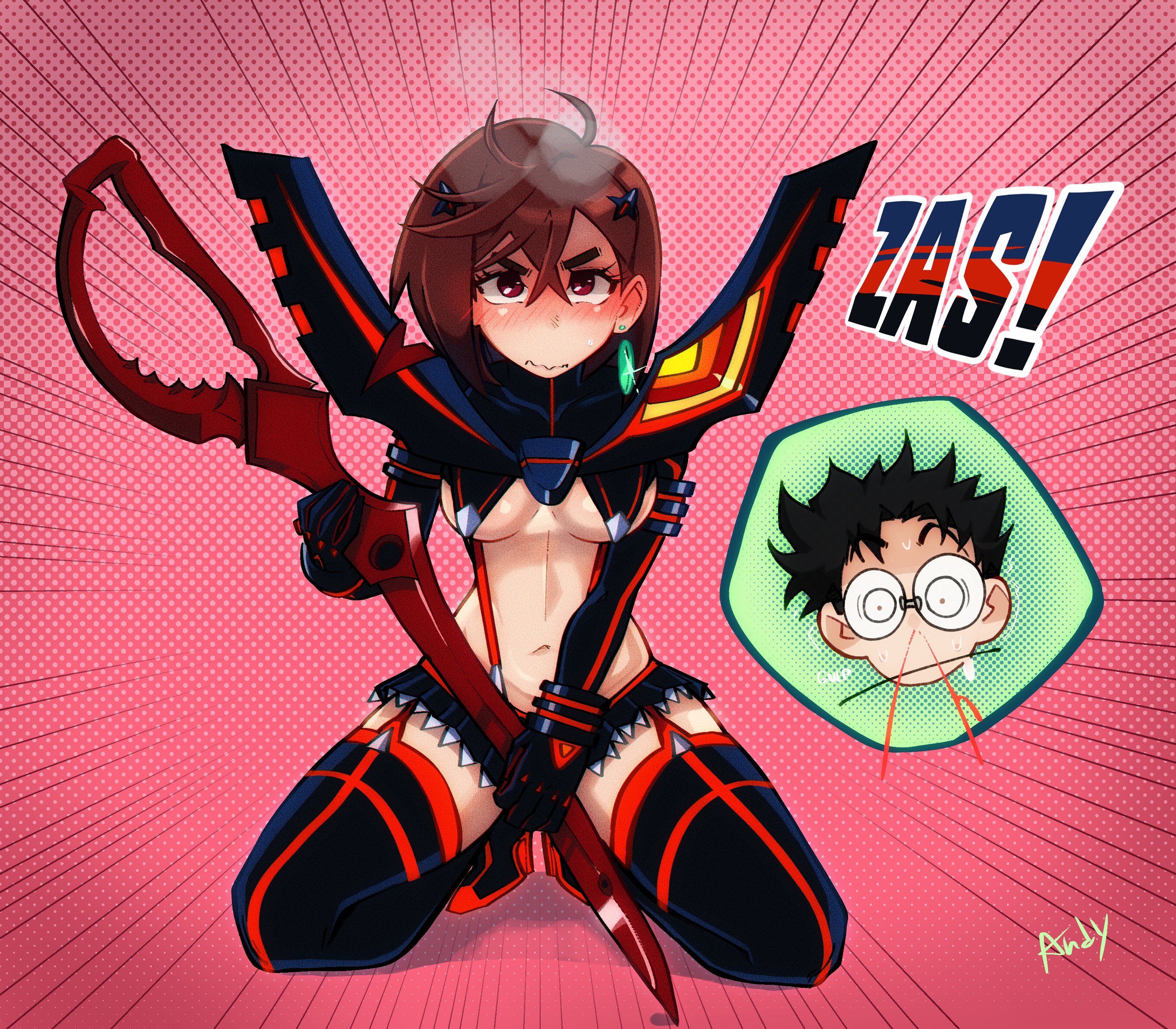andychull, ayase momo, matoi ryuuko, senketsu, takakura ken (dandadan), kill la kill, !, 1boy, 1girl, ahoge, armor, artist name, black hair, blood, blush, breasts, brown eyes, brown hair, cosplay, embarrassed, garter straps, glasses, gloves, high heels, kneeling, large breasts, navel, nosebleed, polka dot, polka dot background, scissors, skirt, speech bubble, suspenders, thighhighs, underboob