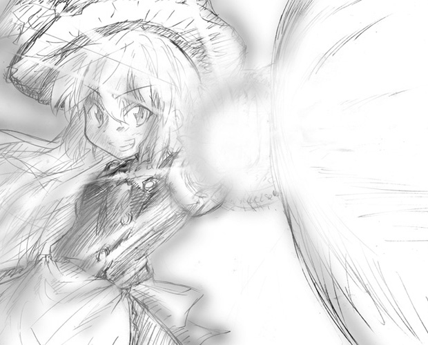 hazumi otoya, kirisame marisa, touhou, 1girl, female focus, gradient background, greyscale, monochrome, sketch, solo, white background