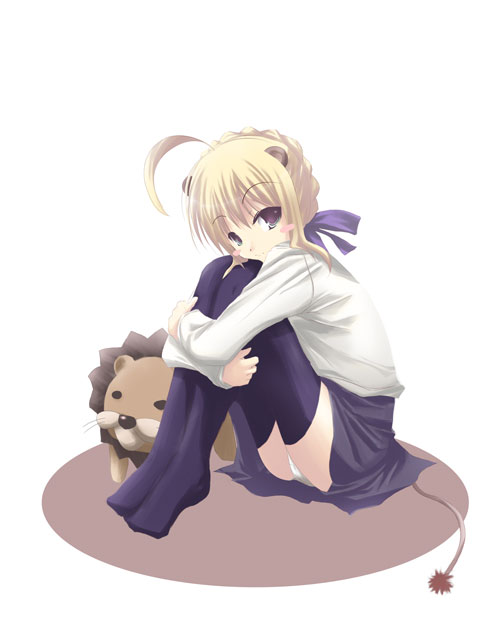 satomi (black scarecrow), artoria pendragon (fate), saber (fate), fate/stay night, fate (series), 00s, 1girl, animal ears, blonde hair, blouse, brown eyes, female focus, lion, lion ears, panties, shirt, sitting, solo, stuffed animal, stuffed lion, stuffed toy, tail, thighhighs, underwear