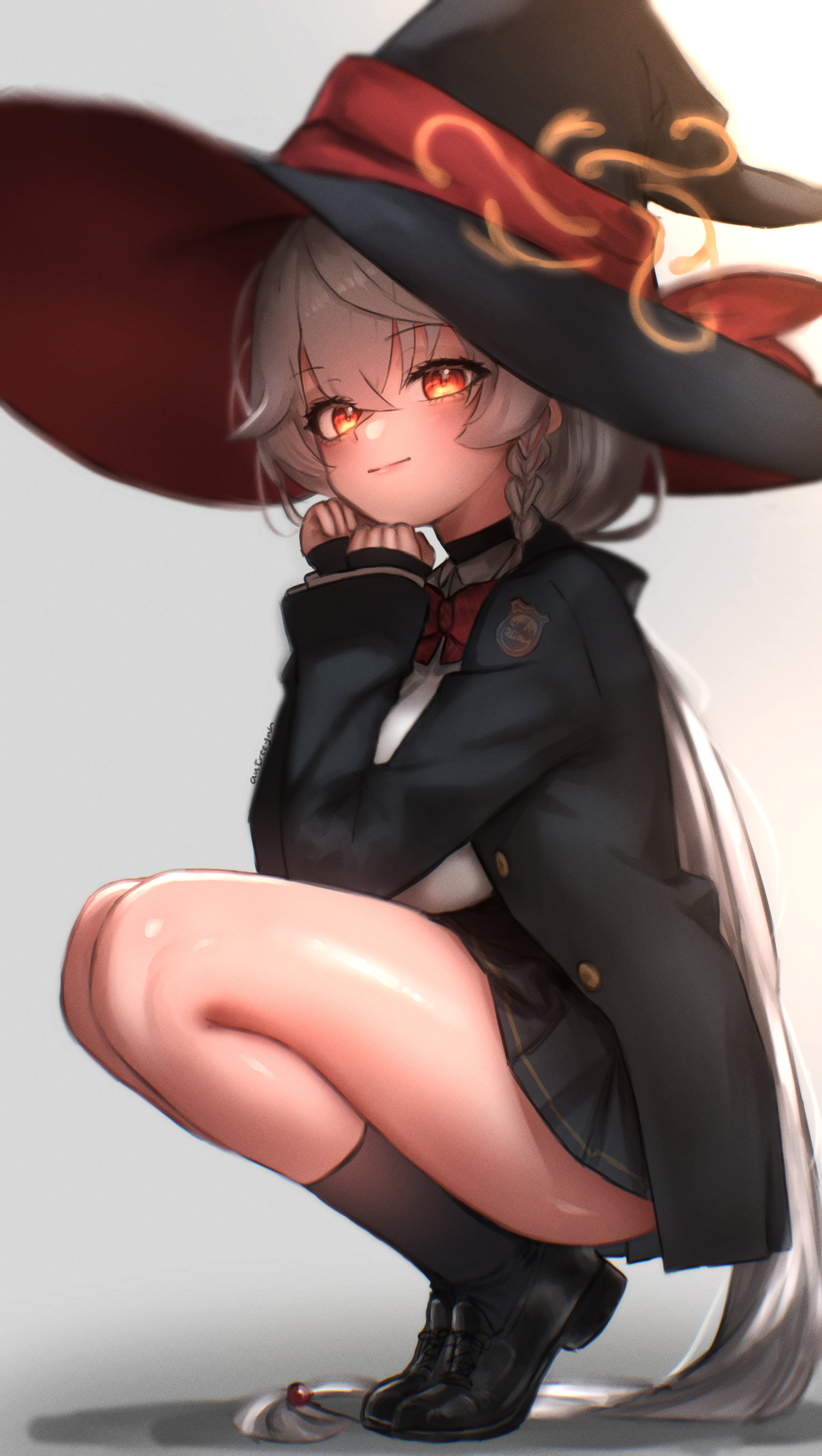 autreeyah, eri (blue archive), blue archive, ankle socks, blush sticker, bow, bowtie, braid, halo, hat, jacket, legs, long coat, long hair, orange eyes, shadow, shirt, shoes, skirt, sleeves past wrists, socks, squatting, sweater, thighs, white hair, witch hat
