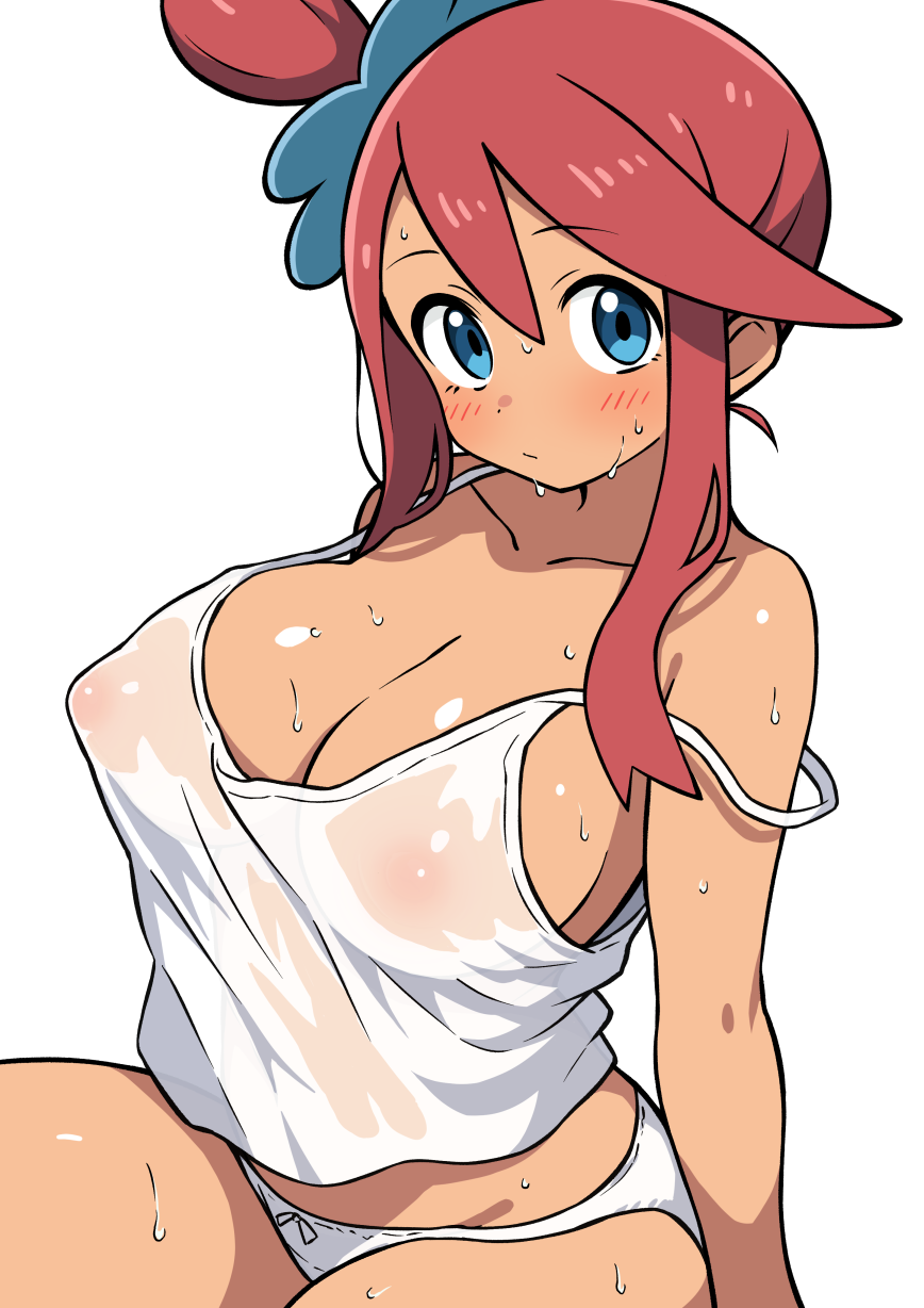 ecgg (tsuji418477), skyla (pokemon), nintendo, pokemon, pokemon bw, commentary request, highres, 1girl, blue eyes, blush, breasts, cleavage, closed mouth, dark-skinned female, dark skin, large breasts, looking at viewer, medium hair, panties, red hair, see-through clothes, see-through shirt, shiny skin, shirt, sidelocks, solo, thighs, underwear, wet, wet clothes, wet shirt, white panties
