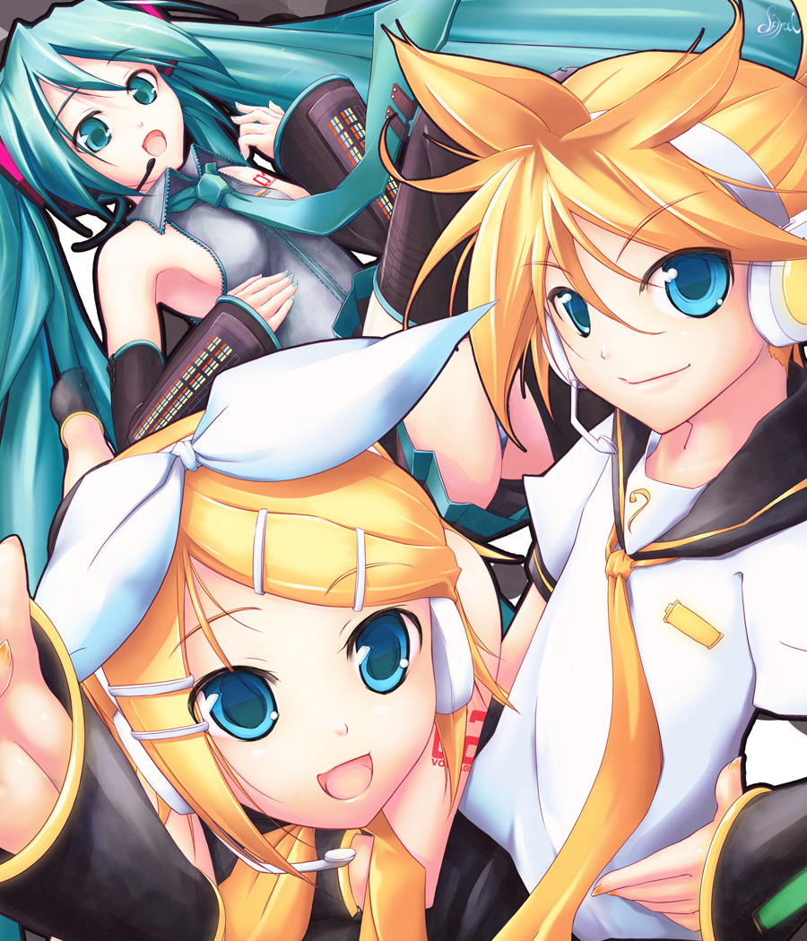 spiral (senra garou), hatsune miku, kagamine len, kagamine rin, vocaloid, black legwear, 1boy, 2girls, aqua hair, aqua necktie, armpits, ass, blue eyes, blush, brother and sister, collared shirt, detached sleeves, hair ribbon, hairband, headgear, long hair, looking at viewer, looking back, multiple girls, necktie, ribbon, sailor collar, school uniform, serafuku, shirt, siblings, swept bangs, tareme, tattoo, thighhighs, twins, zettai ryouiki