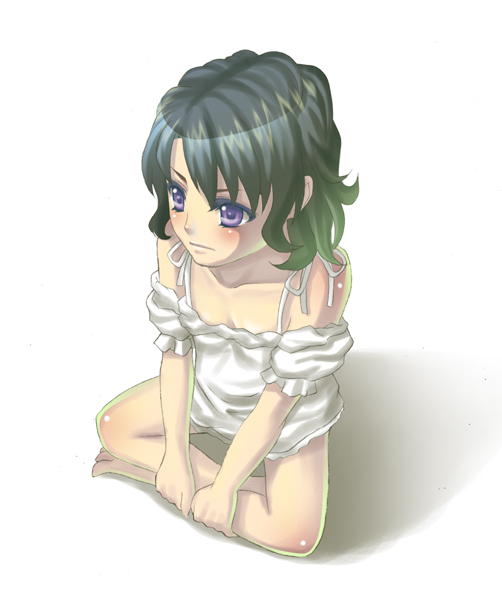 terumii, original, 1girl, bare legs, bare shoulders, barefoot, black hair, crossed legs, female focus, from above, purple eyes, sitting, solo, white background