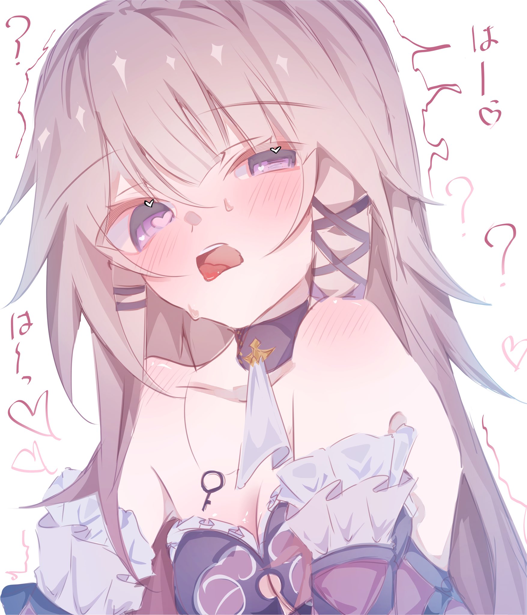 herta (honkai: star rail), the herta (honkai: star rail), honkai: star rail, honkai (series), highres, 1girl, 82hi na42, ?, bare shoulders, breasts, brown hair, detached sleeves, dress, heart, heart-shaped pupils, jewelry, key, key necklace, long hair, looking at viewer, necklace, open mouth, purple eyes, sexually suggestive, simple background, solo, sound effects, sweatdrop, symbol-shaped pupils, trembling, white background