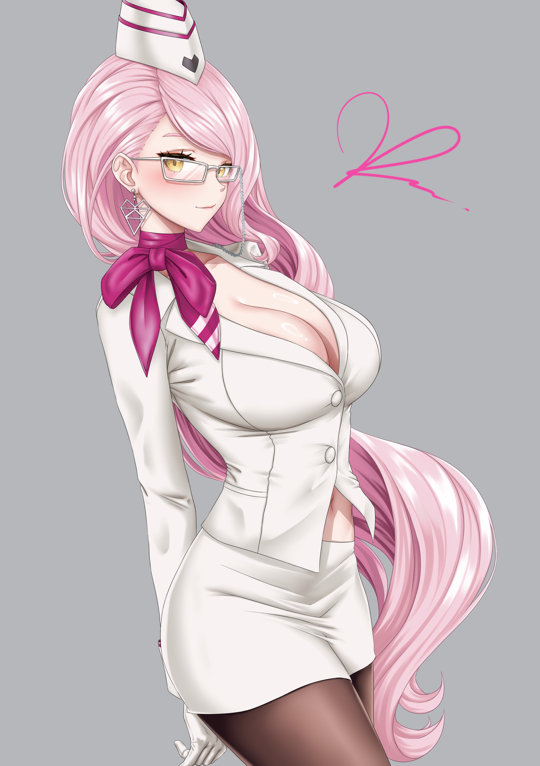 ramiki (ramesgoag), koyanskaya (fate), koyanskaya (foreigner) (first ascension) (fate), tamamo (fate), fate/grand order, fate (series), absurdres, highres, 1girl, blush, breasts, cleavage, earrings, garrison cap, glasses, gloves, hat, jacket, jewelry, large breasts, long hair, long sleeves, looking at viewer, navel, pink hair, pink scarf, scarf, smile, solo, white gloves, white jacket, yellow eyes