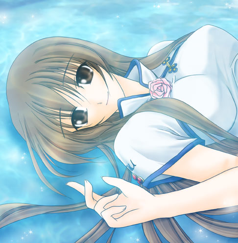 min, akanegasaki sora, ever 17, lowres, 1girl, brown eyes, brown hair, china dress, chinese clothes, dress, female focus, fingernails, long fingernails, long hair, lying, on back, smile, solo, very long hair