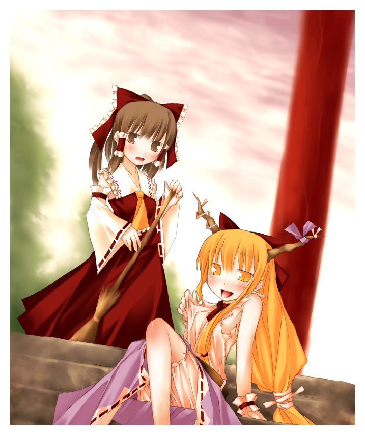 nu (plastic eraser), hakurei reimu, ibuki suika, touhou, 2girls, ascot, black hair, blonde hair, bow, broom, brown eyes, brown hair, collar, detached sleeves, dress, female focus, flat chest, frills, hair bow, hair tubes, long hair, long sleeves, looking at viewer, low-tied long hair, multiple girls, nipples, orange hair, outdoors, pillar, red dress, ribbon-trimmed sleeves, ribbon trim, sidelocks, sitting, very long hair