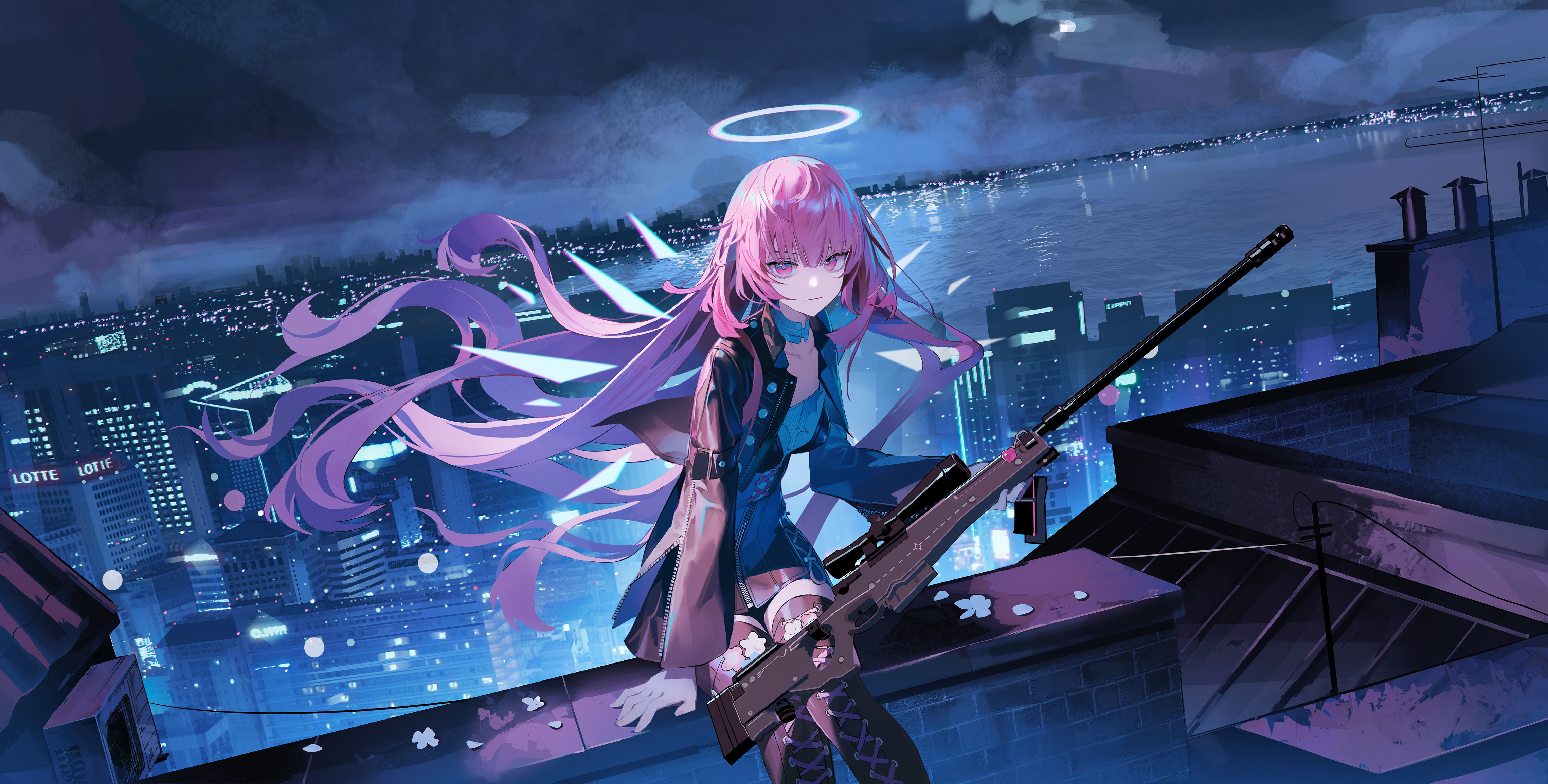 dawder, lemuen (arknights), arknights, absurdres, highres, 1girl, boots, breasts, building, city, collarbone, gun, holding, holding weapon, jacket, lace-up boots, leather, leather dress, leather jacket, long hair, looking at viewer, night, night sky, ocean, pink eyes, pink hair, rifle, scenery, sitting, sky, small breasts, sniper rifle, solo, thigh boots, thighhighs, very long hair, weapon, zettai ryouiki