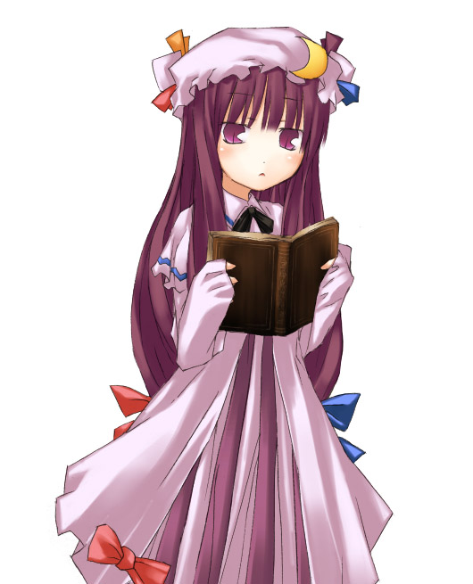 nu (plastic eraser), patchouli knowledge, touhou, 1girl, book, bow, crescent, female focus, hat, long hair, long sleeves, open book, pink bow, purple eyes, purple hair, reading, sleeves past wrists, solo