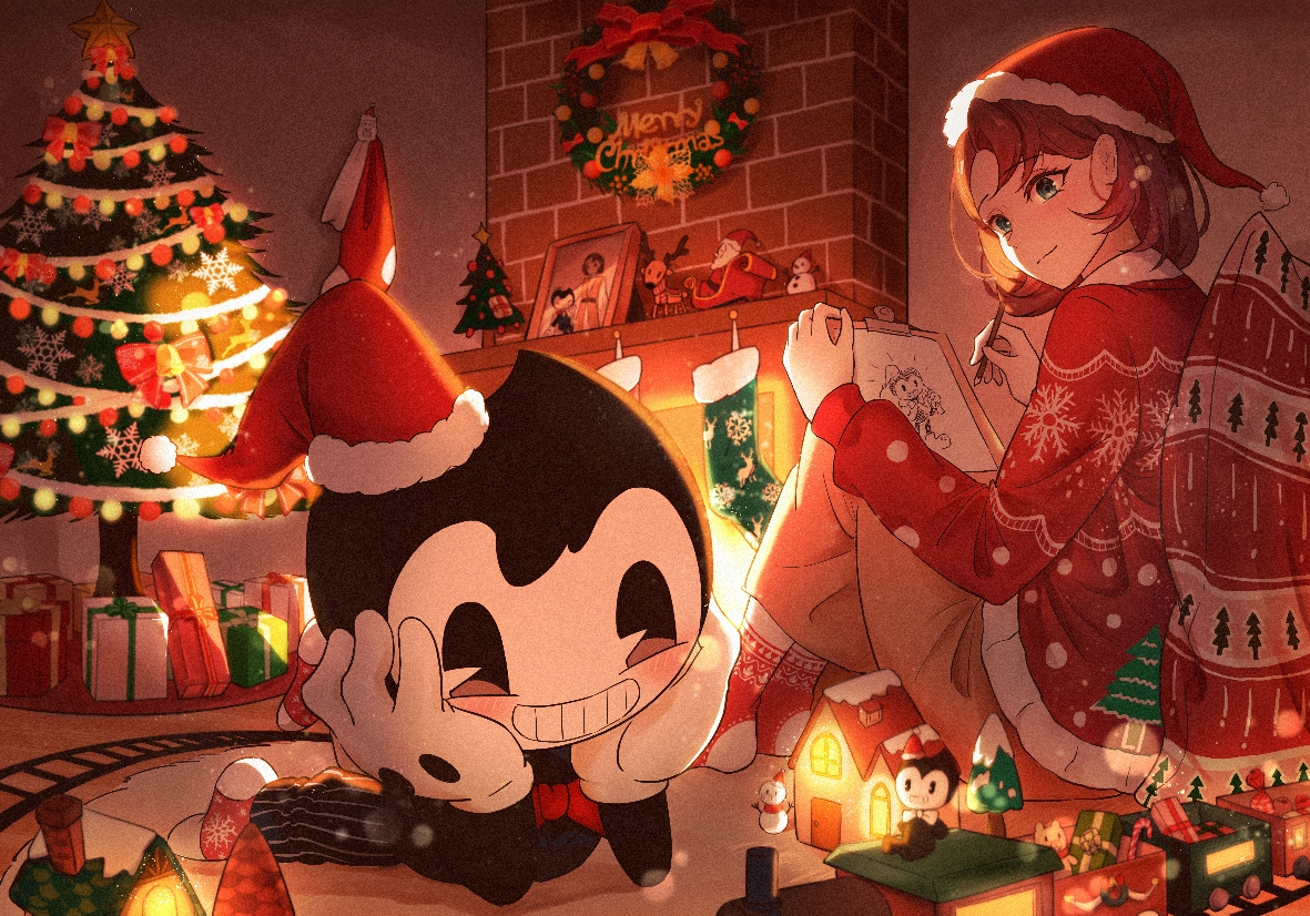 powderblue lan, bendy, bendy and the ink machine, commentary, english commentary, 1boy, 1girl, :d, ankle socks, audrey drew, backlighting, black eyes, black pants, blue eyes, blush, bow, bowtie, brick, brown hair, brown pants, christmas ornaments, christmas present, christmas stocking, christmas sweater, christmas tree, christmas wreath, clipboard, closed mouth, demon, drawing (action), drawing (object), fewer digits, film grain, fireplace, from below, full body, fur-trimmed headwear, fur trim, gift, gloves, grin, hair behind ear, hands on own cheeks, hands on own face, hat, holding, holding clipboard, holding pencil, horns, indoors, knees up, light particles, long sleeves, looking at another, looking at object, lying, merry christmas, no shoes, on stomach, open mouth, pac-man eyes, pants, pencil, picture frame, pinstripe pants, pinstripe pattern, pom pom (clothes), puffy long sleeves, puffy sleeves, red bow, red bowtie, red hat, red socks, red sweater, santa hat, short hair, sidelighting, sitting, smile, snowflake print, socks, sweater, toy house, toy train, traditional bowtie, white gloves, wreath