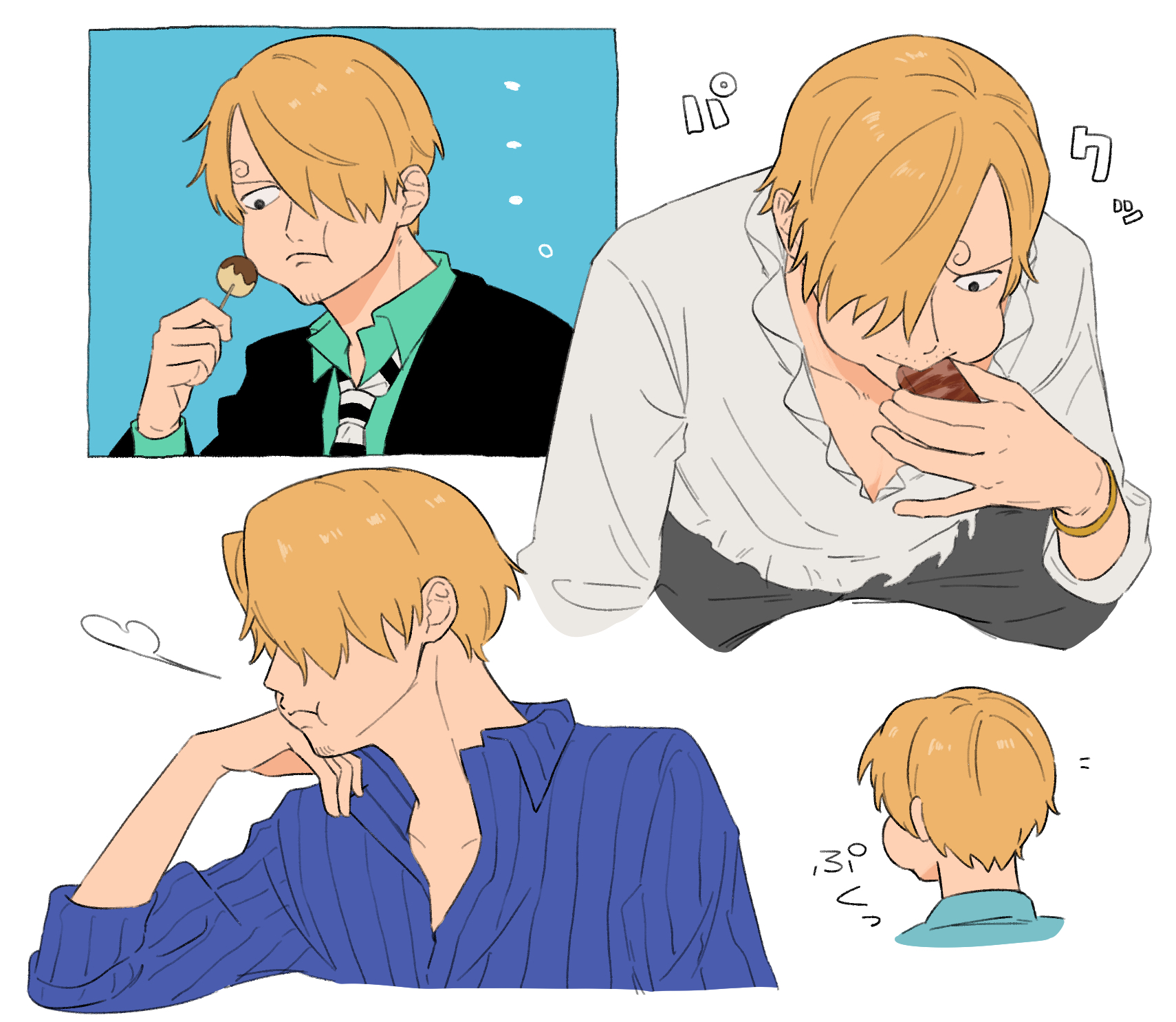 iqracha, sanji (one piece), one piece, highres, 1boy, black pants, blonde hair, chewing, collared shirt, curly eyebrows, dango, facial hair, food, goatee stubble, green shirt, hair over one eye, long sleeves, male focus, multiple views, mustache stubble, necktie, pants, shirt, short hair, striped necktie, stubble, wagashi, white shirt
