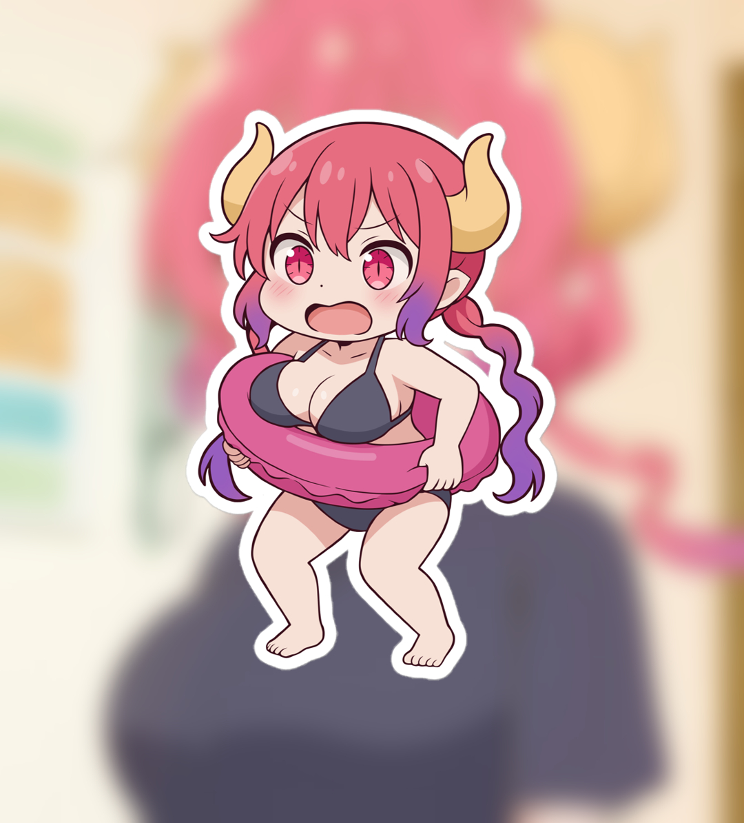 ilulu (maidragon), kobayashi (maidragon), kobayashi-san chi no maidragon, 1girl, bikini, black bikini, breasts, curvy, dragon girl, dragon horns, horns, huge breasts, pointy ears, red eyes, red hair, solo, swimsuit, thick thighs, thighs