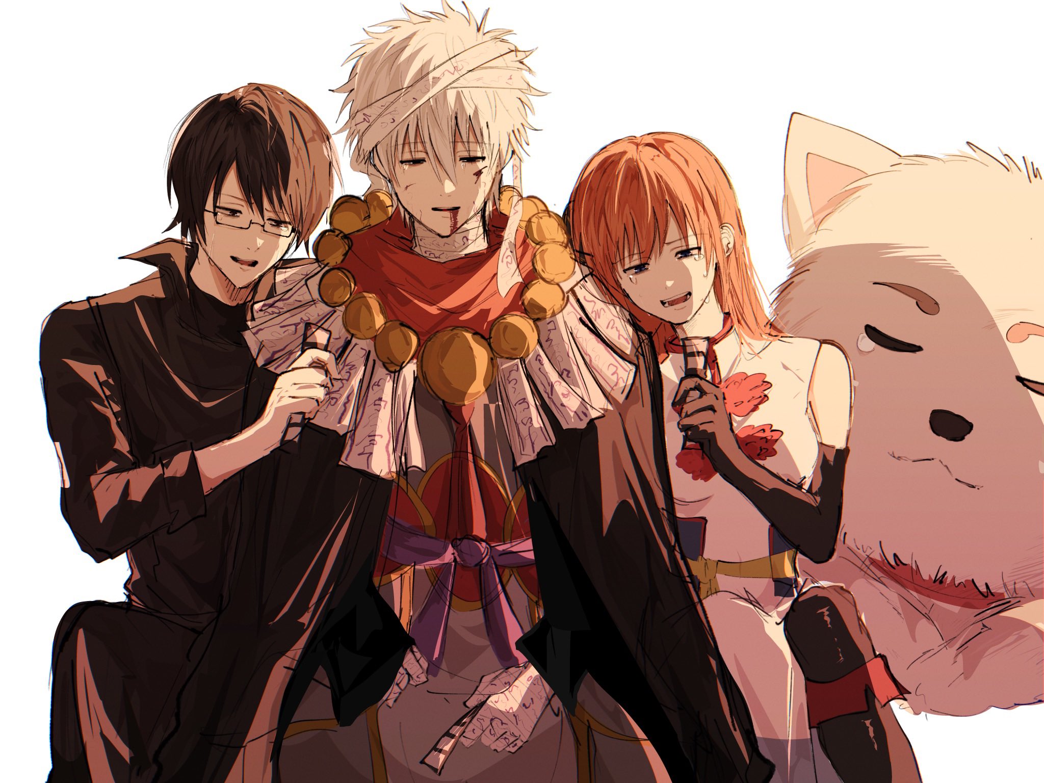 kagura (gintama), sadaharu, sakata gintoki, shimura shinpachi, gintama, commentary request, highres, 1girl, 2boys, aged up, animal, bandaged arm, bandaged head, bandages, bead necklace, beads, black cape, black coat, black gloves, black hair, black shirt, black sleeves, blood, blood from mouth, blood on face, blue eyes, cape, chinese clothes, coat, crying, crying with eyes open, dog, dress, elbow gloves, gintama movie 2: yorozuya yo eien nare, glasses, gloves, holding, holding ticket, injury, jewelry, long hair, long sleeves, mituna0910tg, multiple boys, necklace, official alternate costume, open mouth, orange hair, oversized animal, popped collar, prayer beads, red scarf, scarf, shirt, short hair, sitting, sleeveless, sleeveless dress, smile, tears, ticket, white background, white dress, white hair