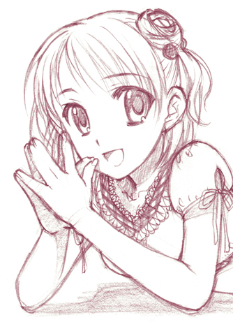 takigawa yuu, yagami coco, ever 17, lowres, 1girl, :d, breasts, collarbone, female focus, hair ornament, looking at viewer, monochrome, open mouth, own hands together, parted bangs, puffy short sleeves, puffy sleeves, red theme, shadow, shirt, short hair, short sleeves, short twintails, simple background, smile, solo, twintails, upper body, white background