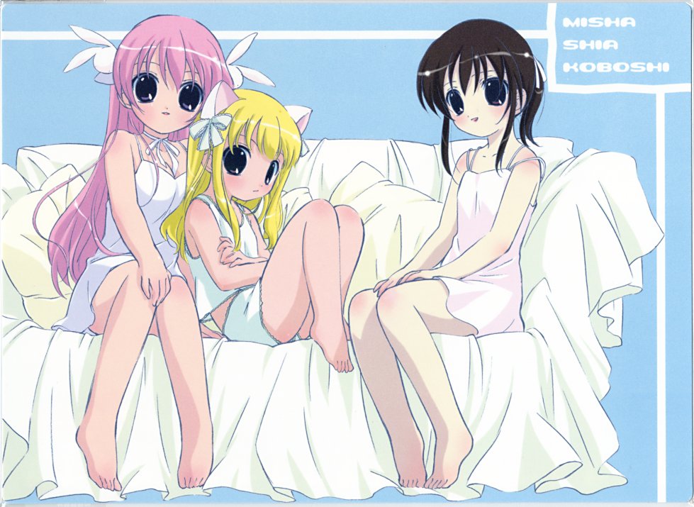 sakai kyuuta, shia, misha, misha (pita ten), shia (pita ten), uematsu koboshi, pita ten, official art, 3girls, animal ears, bare legs, barefoot, black hair, blonde hair, blue eyes, blush, brown hair, camisole, cat ears, collarbone, dress, feet, hair ornament, knees up, long hair, looking at viewer, multiple girls, pajamas, panties, pink hair, ponytail, rabbit hair ornament, sidelocks, sitting, spaghetti strap, tareme, toes, underwear, very long hair, white dress