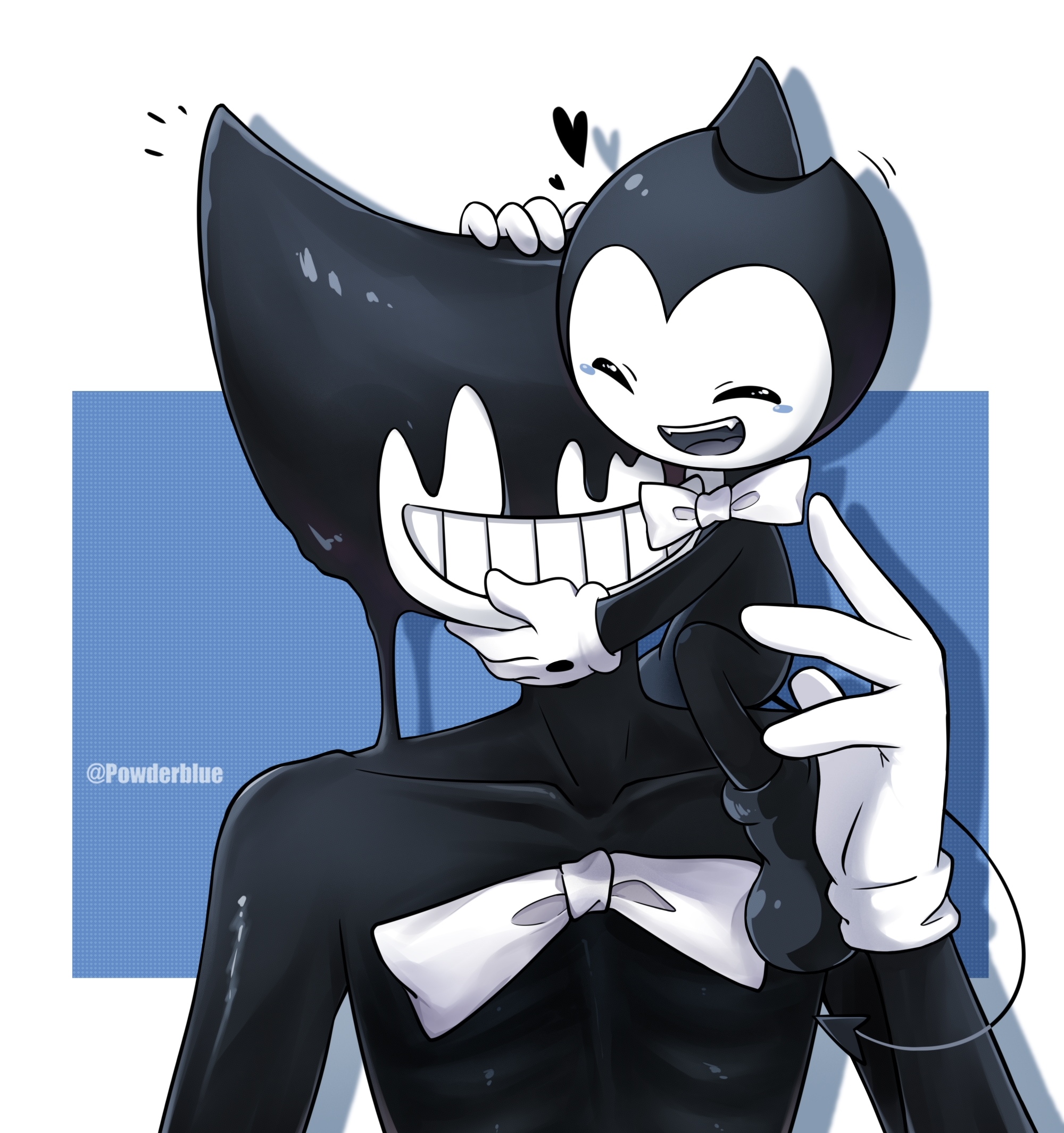 powderblue lan, bendy, bendy and the ink machine, chinese commentary, commentary request, highres, 2boys, :d, ^ ^, ankle boots, black boots, blue background, boots, bow, bowtie, closed eyes, collarbone, demon, drop shadow, dual persona, fangs, fewer digits, full body, gloves, grey tongue, grin, hand on another's chin, hand on another's head, hand up, horns, ink, letterboxed, male focus, multiple boys, no eyes, notice lines, open mouth, simple background, sitting on shoulder, smile, teeth, traditional bowtie, upper body, upper teeth only, white bow, white bowtie, white gloves