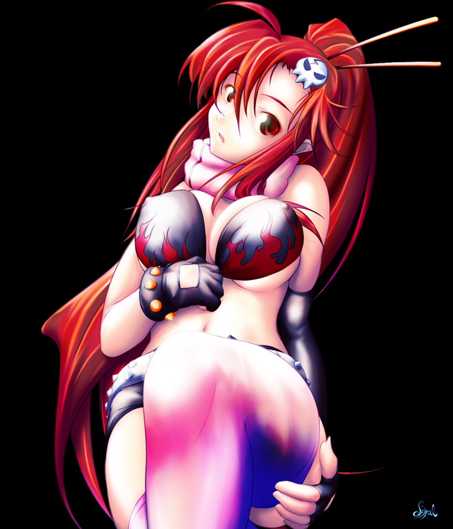 spiral (senra garou), yoko littner, tengen toppa gurren lagann, 00s, 1girl, bikini, bikini top only, female focus, gloves, short shorts, shorts, solo, swimsuit, thighhighs