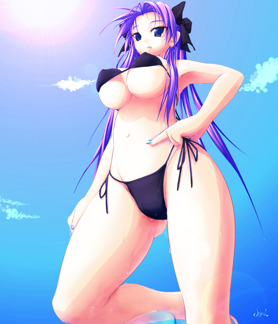 spiral (senra garou), hiiragi kagami, lucky star, 00s, 1girl, aged up, bikini, black bikini, breasts, cleavage, day, female focus, hairband, large breasts, long hair, purple hair, side-tie bikini bottom, solo, swimsuit, underboob