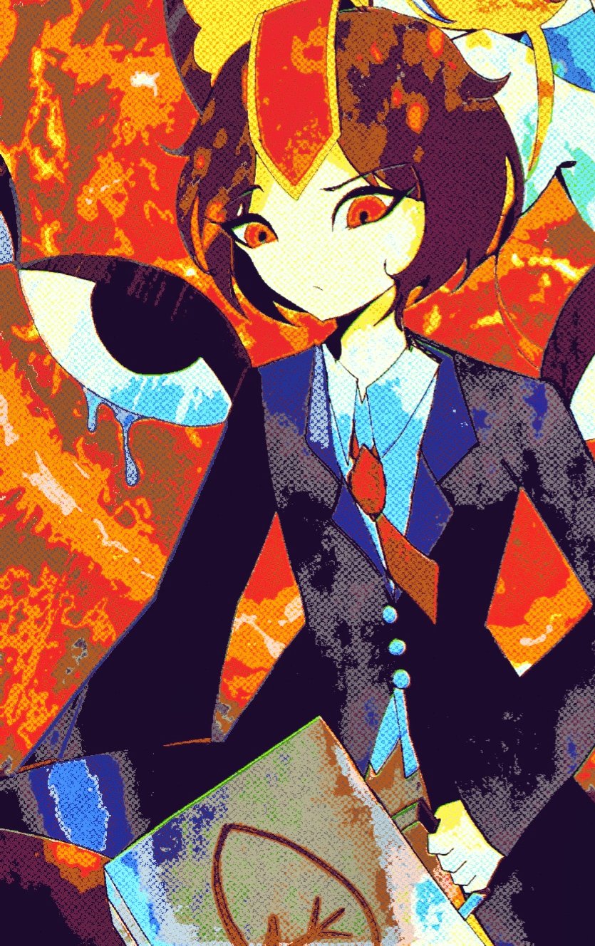 kokutenshi hibaru, len'en, highres, 1other, autumn, blue coat, briefcase, brown hair, brown pants, business suit, buttons, closed mouth, coat, collared coat, collared shirt, confused, cowboy shot, crying, day, downturned eyes, eye of senri, eyes on wings, formal clothes, frown, headgear, holding, holding briefcase, kaninet, lapels, long sleeves, looking ahead, necktie, notched lapels, outdoors, pants, red eyes, red necktie, shirt, short hair, sleeves past wrists, solo, spread wings, suit, teardrop, tree, white shirt, wings
