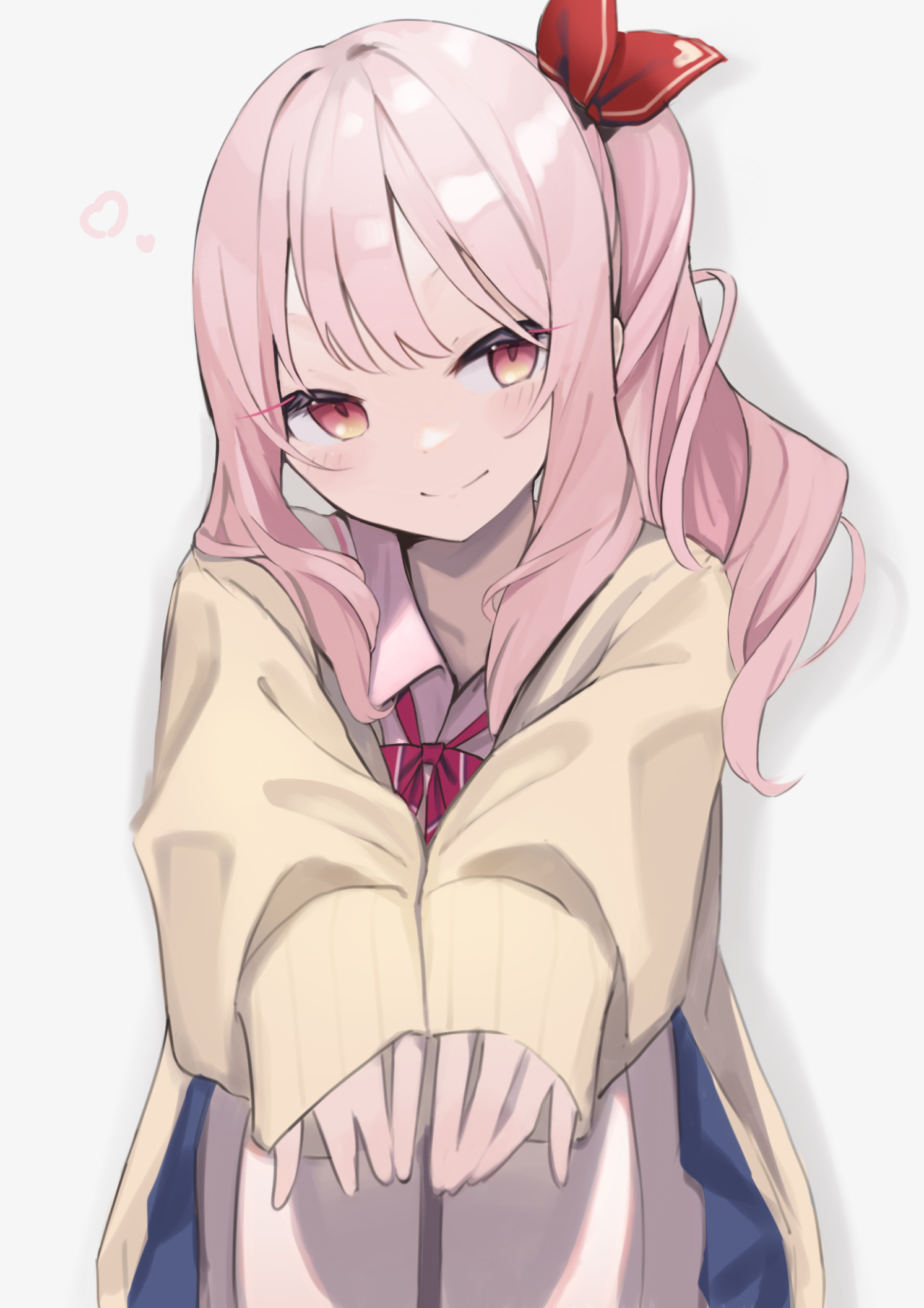 kii (kiiui), akiyama mizuki, project sekai, commentary request, highres, making-of available, 1other, blue skirt, bow, bowtie, closed mouth, collared shirt, drill hair, drop shadow, feet out of frame, foreshortening, gradient eyes, grey background, hair bow, hair over shoulder, hands on own knees, heart, kamiyama high school uniform (project sekai), knees up, long hair, long sleeves, looking at viewer, miniskirt, multicolored eyes, other focus, pink eyes, pink hair, pink shirt, pleated skirt, puffy long sleeves, puffy sleeves, red bow, red bowtie, school uniform, shirt, side drill, side ponytail, sidelocks, simple background, sitting, skirt, sleeves past wrists, smile, solo, sweater, two-tone eyes, yellow eyes, yellow sweater