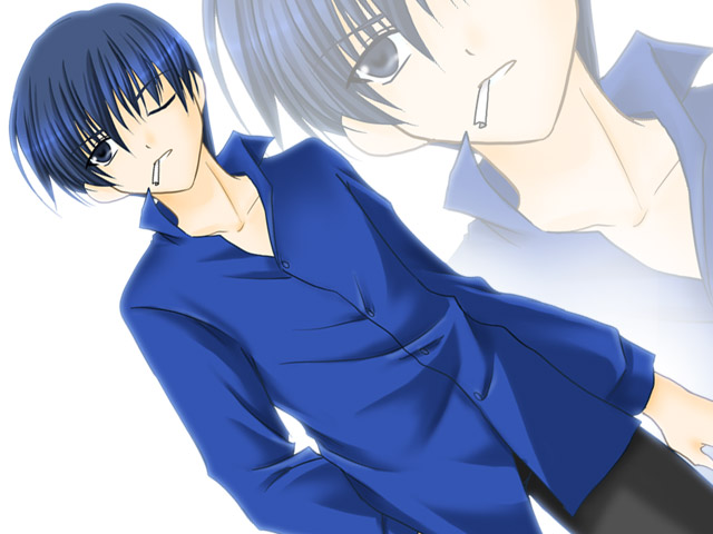 min, kuranari takeshi, ever 17, 1boy, blue eyes, blue hair, cigarette, dress shirt, dutch angle, male focus, matching hair/eyes, mouth hold, one eye closed, pants, shirt, short hair, solo, standing, zoom layer