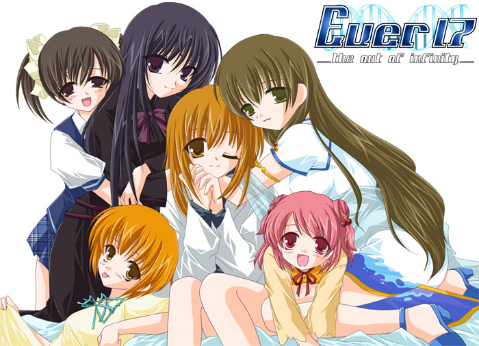 min, akanegasaki sora, komachi tsugumi, matsunaga sara, tanaka you, tanaka yubiseiakikana, tanaka yubiseiharukana, yagami coco, ever 17, plaid, 6+girls, :d, :p, all fours, armlet, bed, belt, black eyes, black hair, blue hair, blush, bow, bowtie, brown hair, china dress, chinese clothes, double bun, dress, english text, engrish text, everyone, grey eyes, hair bobbles, hair bow, hair ornament, high heels, hug, hug from behind, jewelry, kneeling, leaning forward, long hair, looking back, mother and daughter, multiple girls, one eye closed, open mouth, orange eyes, orange hair, own hands clasped, own hands together, pink hair, pleated skirt, purple eyes, ranguage, reclining, red eyes, ribbon, school uniform, see-through clothes, shoes, short hair, short twintails, sitting, skirt, smile, tongue, tongue out, twintails, very long hair, vest, wink