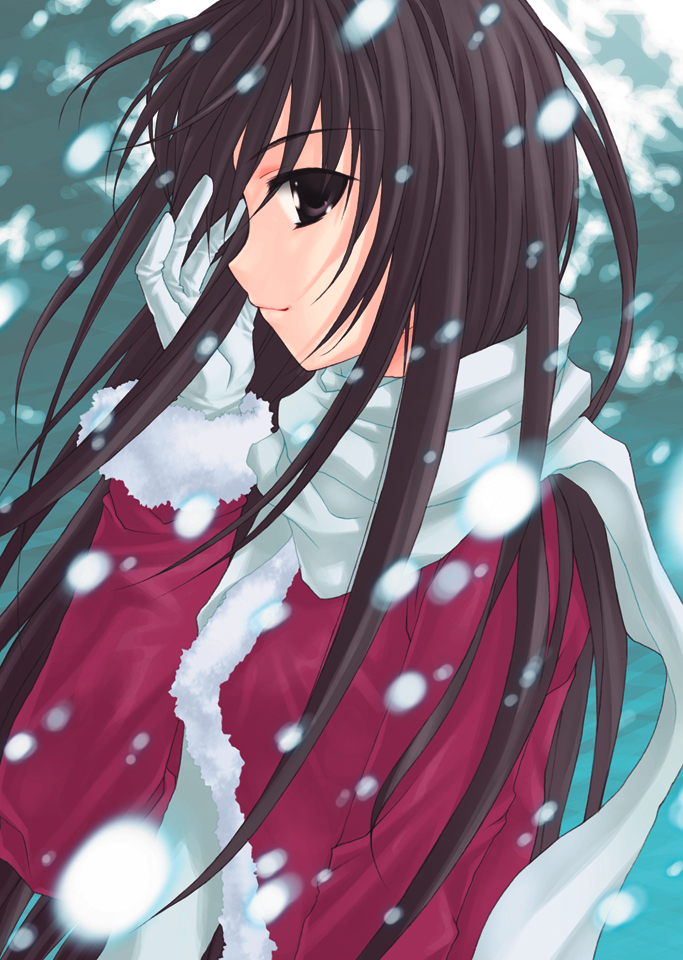 takigawa yuu, komachi tsugumi, ever 17, official art, 1girl, adjusting hair, black eyes, black hair, coat, female focus, fur trim, gloves, long hair, outdoors, profile, scarf, smile, snow, snowing, solo, very long hair, white gloves, white scarf, wind