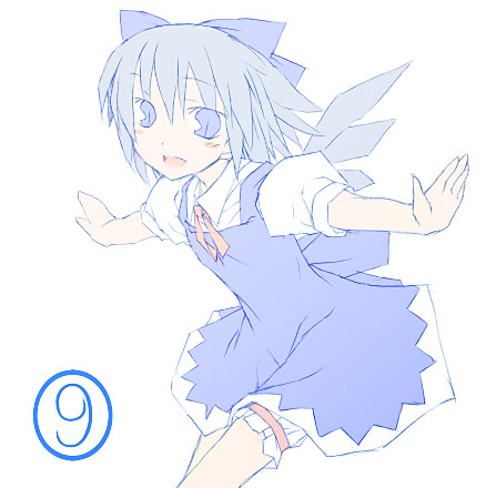 nu (plastic eraser), cirno, phantasmagoria of flower view, touhou, lowres, 1girl, circled 9, dress, female focus, flat color, pale color, simple background, solo, white background