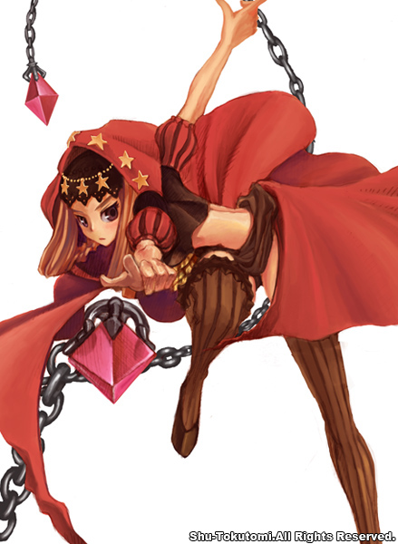 shu-tokutomi, velvet (odin sphere), odin sphere, 1girl, blonde hair, chain, female focus, hood, purple eyes, solo, striped clothes, striped thighhighs, thighhighs, vertical-striped clothes, vertical-striped thighhighs