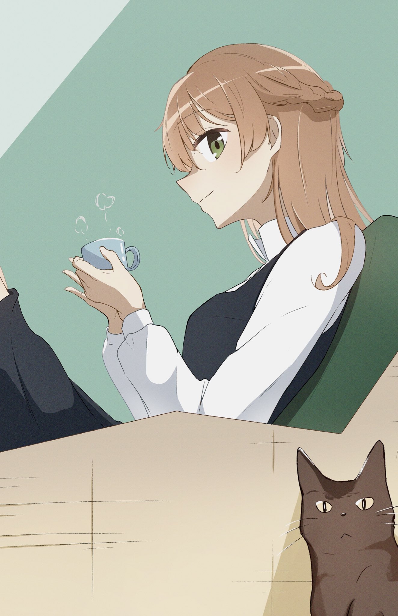 saeki sayaka, yagate kimi ni naru, commentary request, highres, 1girl, black dress, braid, brown hair, cat, closed mouth, cup, dress, green eyes, half up braid, holding, holding cup, long hair, long sleeves, nobunaga (nbng g), pinafore dress, shirt, sleeveless, sleeveless dress, solo, white shirt