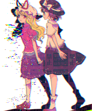 itomugi-kun, maribel hearn, usami renko, touhou, lowres, 2girls, bare arms, black hat, black skirt, blonde hair, bow, brown hair, brown shoes, collared shirt, frilled headwear, frilled sleeves, frills, glitch, happy, hat, hat bow, hat ribbon, kneehighs, loafers, long hair, looking at another, miniskirt, mob cap, multiple girls, pleated skirt, puffy short sleeves, puffy sleeves, purple shirt, purple skirt, red eyes, red ribbon, ribbon, ribbon-trimmed shirt, ribbon-trimmed skirt, ribbon-trimmed sleeves, ribbon trim, shadow, shirt, shoes, short hair, short sleeves, simple background, skirt, socks, walking, watermark, wavy hair, white background, white bow, white hat, white shirt, white socks
