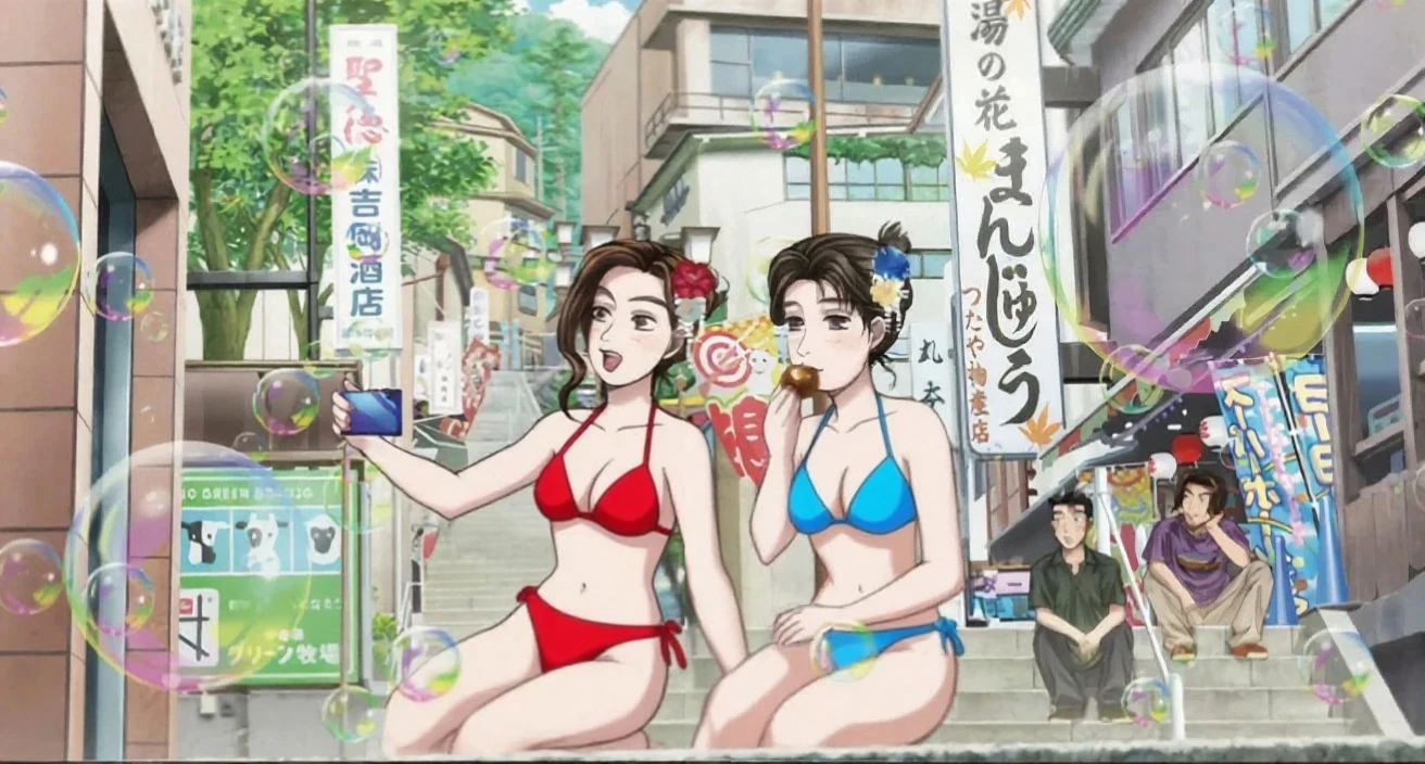 nakazato takeshi, satou mako, sayuki (initial d), shouji shingo, initial d, shin gekijouban initial d, official art, 2boys, 2girls, armpits, bare legs, belly, bikini, blue bikini, breasts, bubble, cleavage, eating, festival, frilled bikini, frills, huge breasts, lowleg, lowleg bikini, medium breasts, multiple boys, multiple girls, navel, phone, public indecency, red bikini, swimsuit