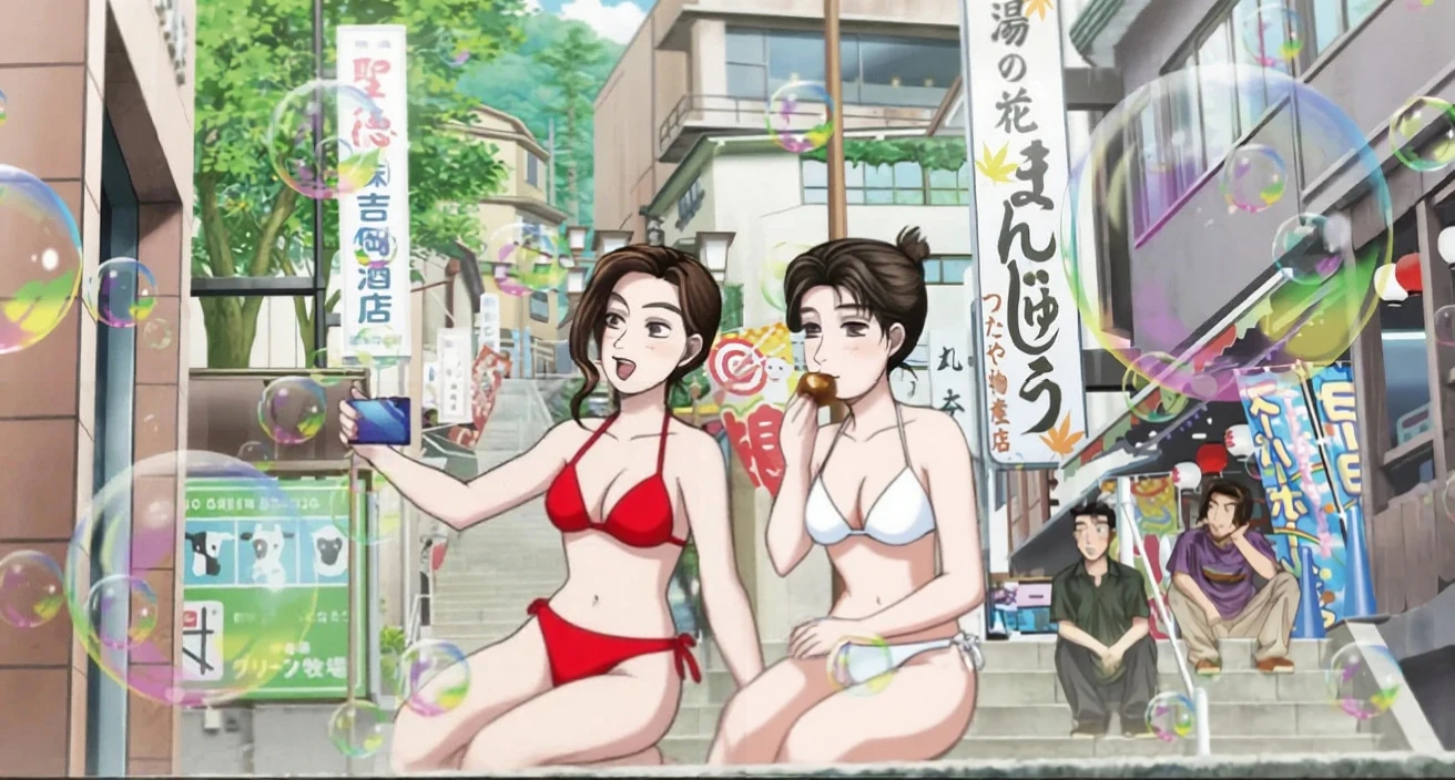 nakazato takeshi, satou mako, sayuki (initial d), shouji shingo, initial d, shin gekijouban initial d, official art, 2boys, 2girls, armpits, bare legs, belly, bikini, breasts, bubble, cleavage, eating, festival, frilled bikini, frills, huge breasts, lowleg, lowleg bikini, medium breasts, multiple boys, multiple girls, navel, phone, public indecency, red bikini, swimsuit, white bikini