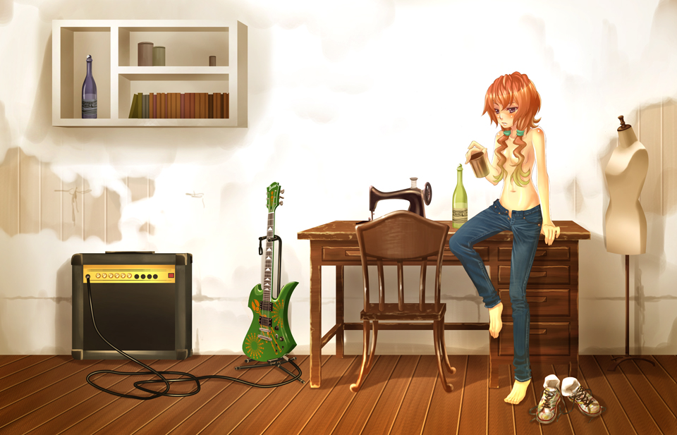 terumii, original, amplifier, barefoot, denim, guitar, instrument, jeans, long hair, no bra, open fly, pants, red hair, shoes, topless female, twintails, unzipped