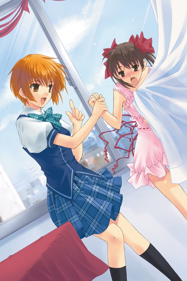 matsunaga sara, tanaka yubiseiakikana, tanaka yubiseiharukana, ever 17, 2girls, blush, dress, hair ribbon, multiple girls, ribbon, school uniform, serafuku