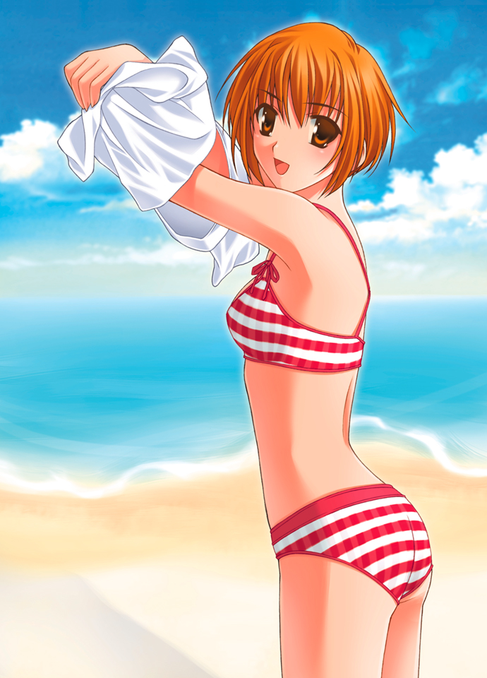 tanaka yubiseiharukana, ever 17, 1girl, beach, bikini, cloud, day, female focus, orange eyes, orange hair, outdoors, solo, striped bikini, striped clothes, swimsuit, undressing