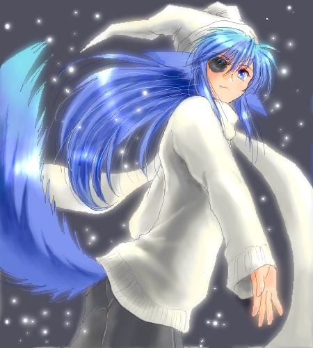 yagisaka seto, follower (yagisaka seto), original, lowres, 1boy, blue hair, eyepatch, hat, male focus, oekaki, scarf, snow, snowing, solo