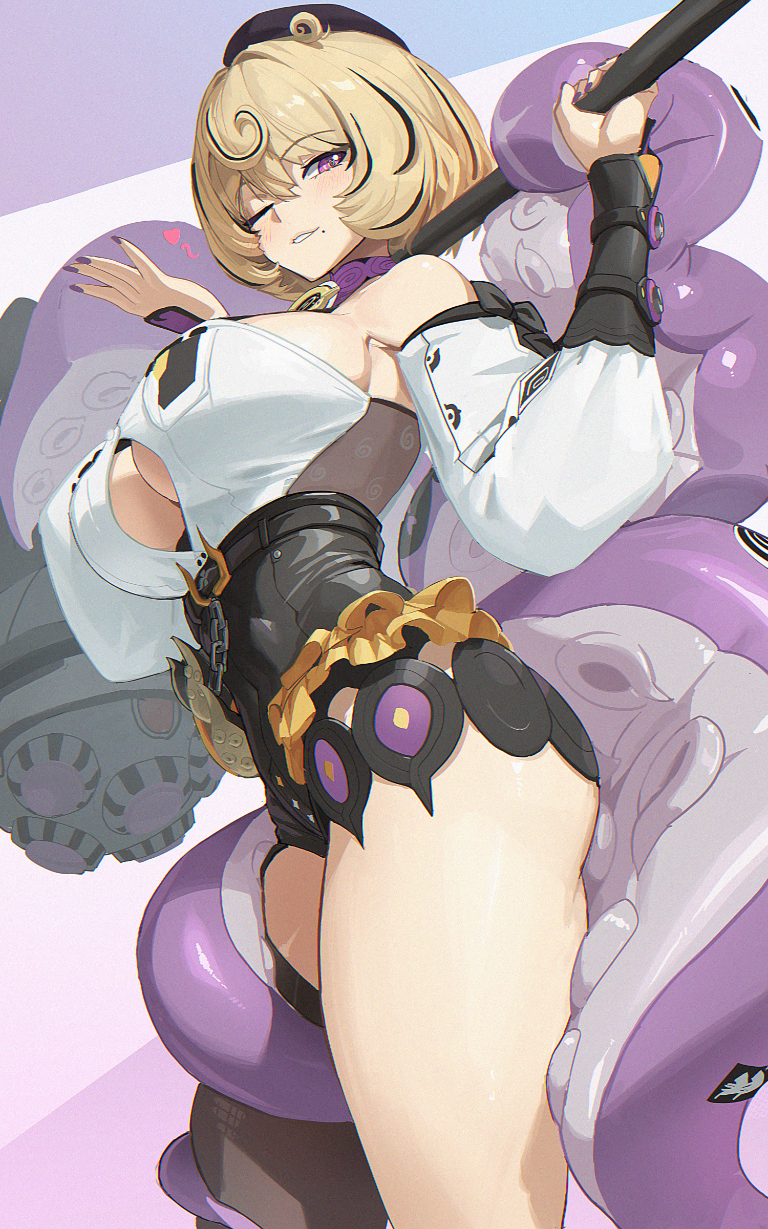 roro (tpghksdlzpq), yidhari (zenless zone zero), zenless zone zero, absurdres, commentary, highres, 1girl, black hair, blonde hair, breasts, detached sleeves, fingernails, large breasts, looking at viewer, mole, mole under mouth, multicolored hair, nail polish, octopus girl, one eye closed, purple eyes, purple nails, solo, tentacles, two-tone hair, white sleeves