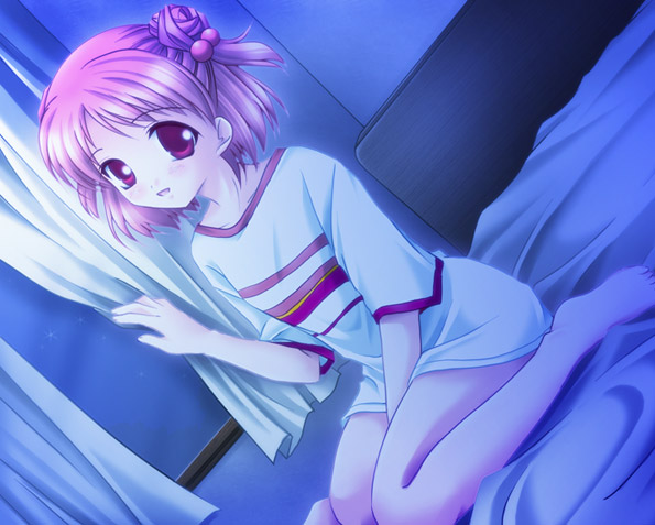 min, yagami coco, ever 17, 1girl, :d, barefoot, bed, blush, bottomless, curtains, dark, double bun, dutch angle, feet, female focus, flat chest, hair bobbles, hair bun, hair ornament, indoors, kneeling, night, night sky, open mouth, pink eyes, pink hair, purple eyes, shirt, short hair, short twintails, sitting, sky, smile, solo, star (symbol), striped clothes, striped shirt, twintails, window