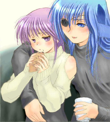 yagisaka seto, angelous lazward, follower (yagisaka seto), sovereign (yagisaka seto), original, lowres, md5 mismatch, 2boys, blue hair, eyepatch, food, male focus, multiple boys, oekaki, purple hair, taiyaki, trap, wagashi, yaoi