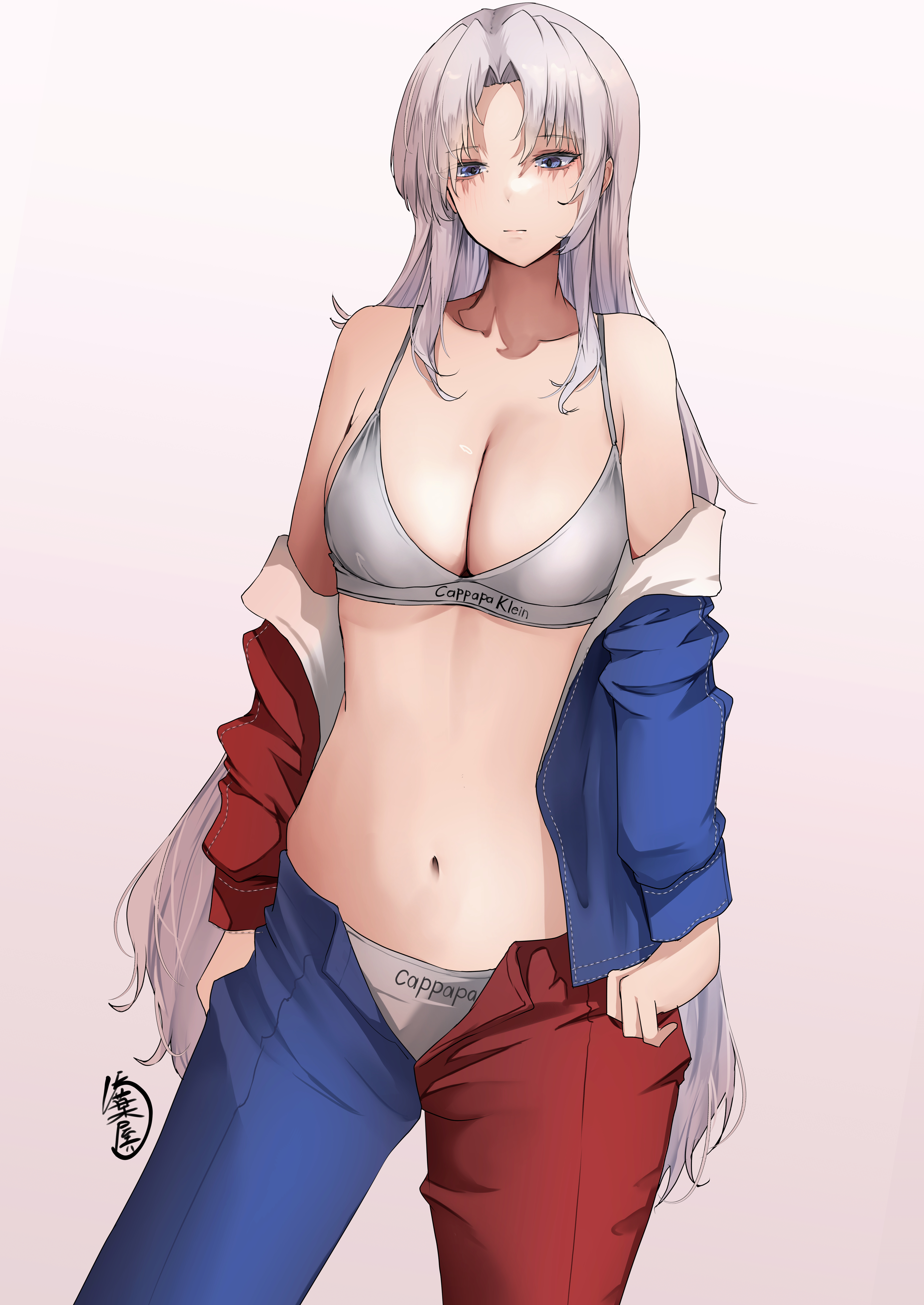 yagoro kusuriya, yagokoro eirin, calvin klein, touhou, absurdres, commentary, highres, 1girl, adapted costume, blue eyes, blue pants, blue shirt, bra, brand name imitation, breasts, cleavage, closed mouth, expressionless, large breasts, long hair, navel, no headwear, panties, pants, partially undressed, red pants, red shirt, shirt, signature, simple background, solo, stomach, two-tone pants, two-tone shirt, underwear, very long hair, white background, white bra, white hair, white panties