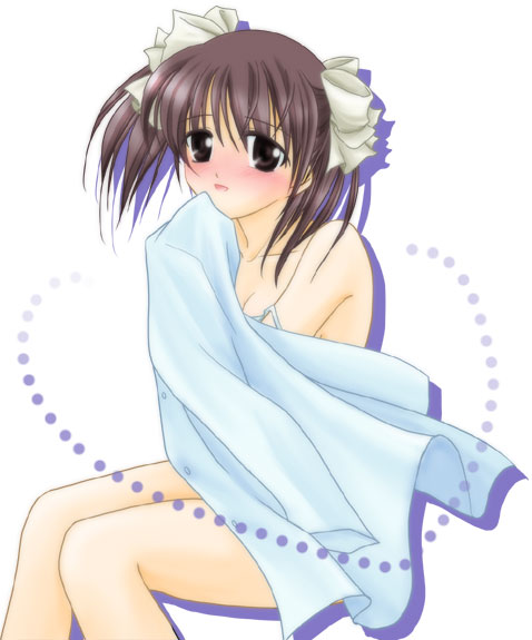 matsunaga sara, ever 17, 1girl, blush, breasts, brown eyes, brown hair, cleavage, collarbone, embarrassed, female focus, full-face blush, looking at viewer, simple background, sitting, solo, towel, white background