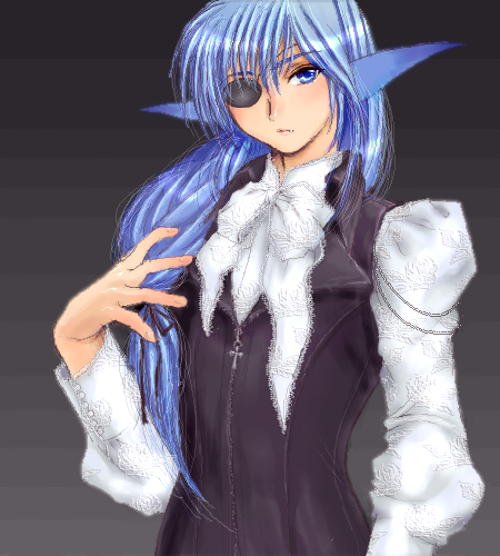 yagisaka seto, follower (yagisaka seto), original, lowres, 1boy, animal ears, blue hair, crossdressing, crossdressing (mtf), eyepatch, gradient background, male focus, oekaki, solo, trap