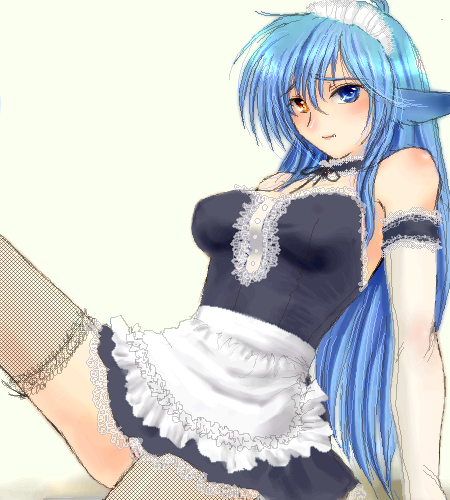 yagisaka seto, follower (yagisaka seto), original, gender request, lowres, md5 mismatch, 1girl, blue hair, female focus, genderswap, heterochromia, maid, oekaki, solo, thighhighs