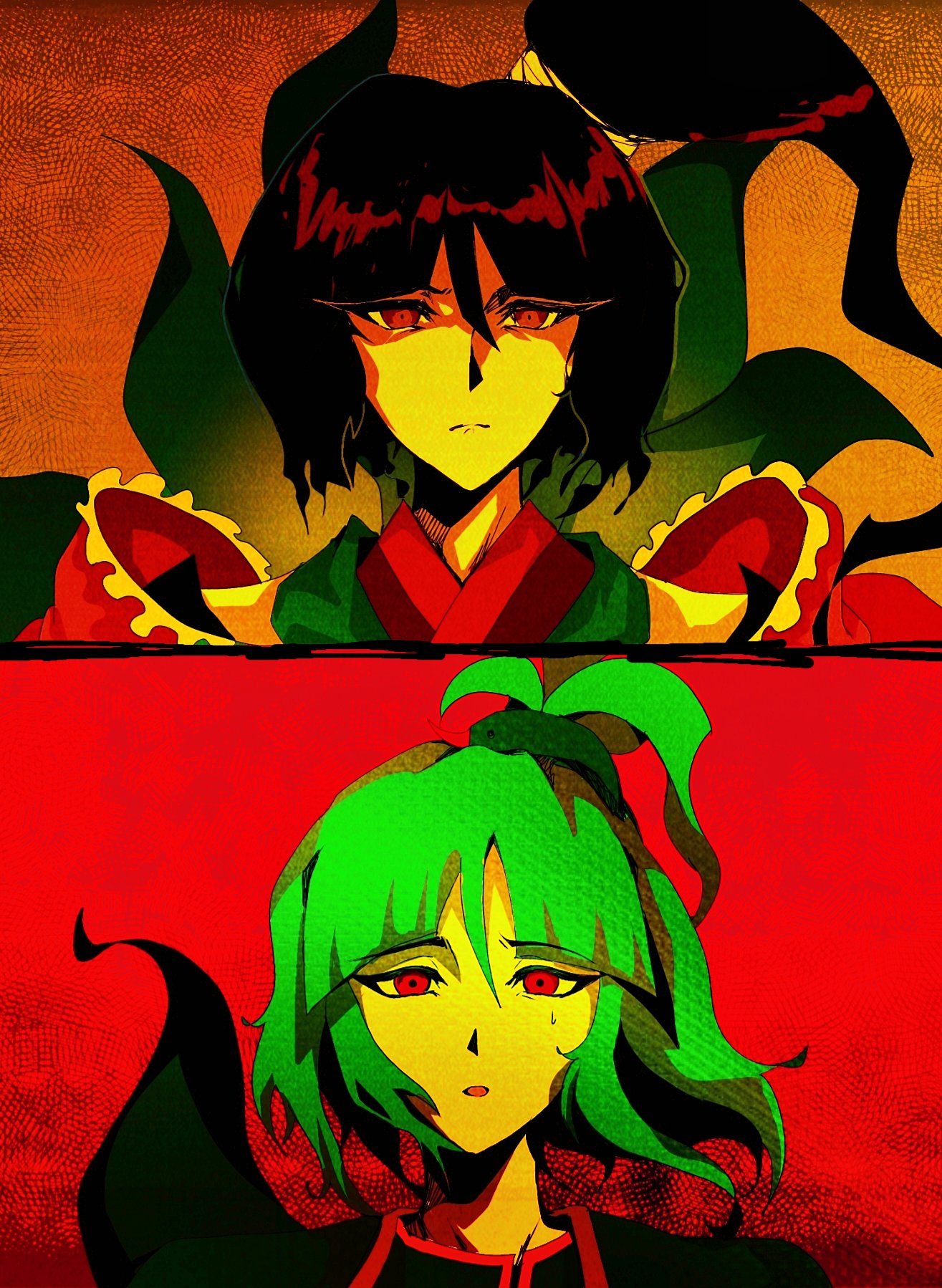 adagumo no saragimaru, adagumo no yaorochi, len'en, highres, 2others, androgynous, bare shoulders, black hair, black kimono, black sleeves, blunt bangs, cape, capelet, coat, detached sleeves, double-parted bangs, expressionless, floating hair, frilled cape, green capelet, green coat, green hair, hair between eyes, hair ornament, hair tie, high side ponytail, japanese clothes, jinbaori, kaninet, kimono, long hair, multiple others, multiple tails, nervous, no scarf, orange background, other focus, parted lips, ponytail, purple cape, red background, red eyes, short ponytail, siblings, sleeveless, sleeveless kimono, snake hair ornament, snake tail, split ponytail, split theme, sweatdrop, tail, two-tone background, upper body, wind