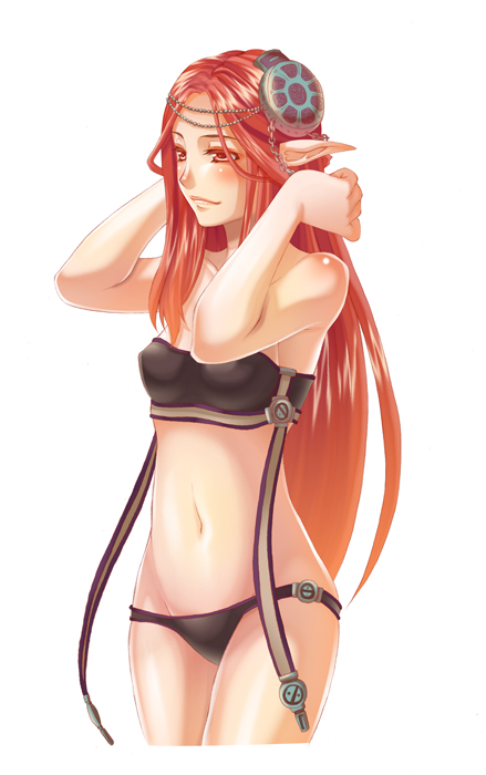 terumii, original, 1girl, bikini, black bikini, female focus, long hair, pointy ears, red eyes, red hair, solo, swimsuit