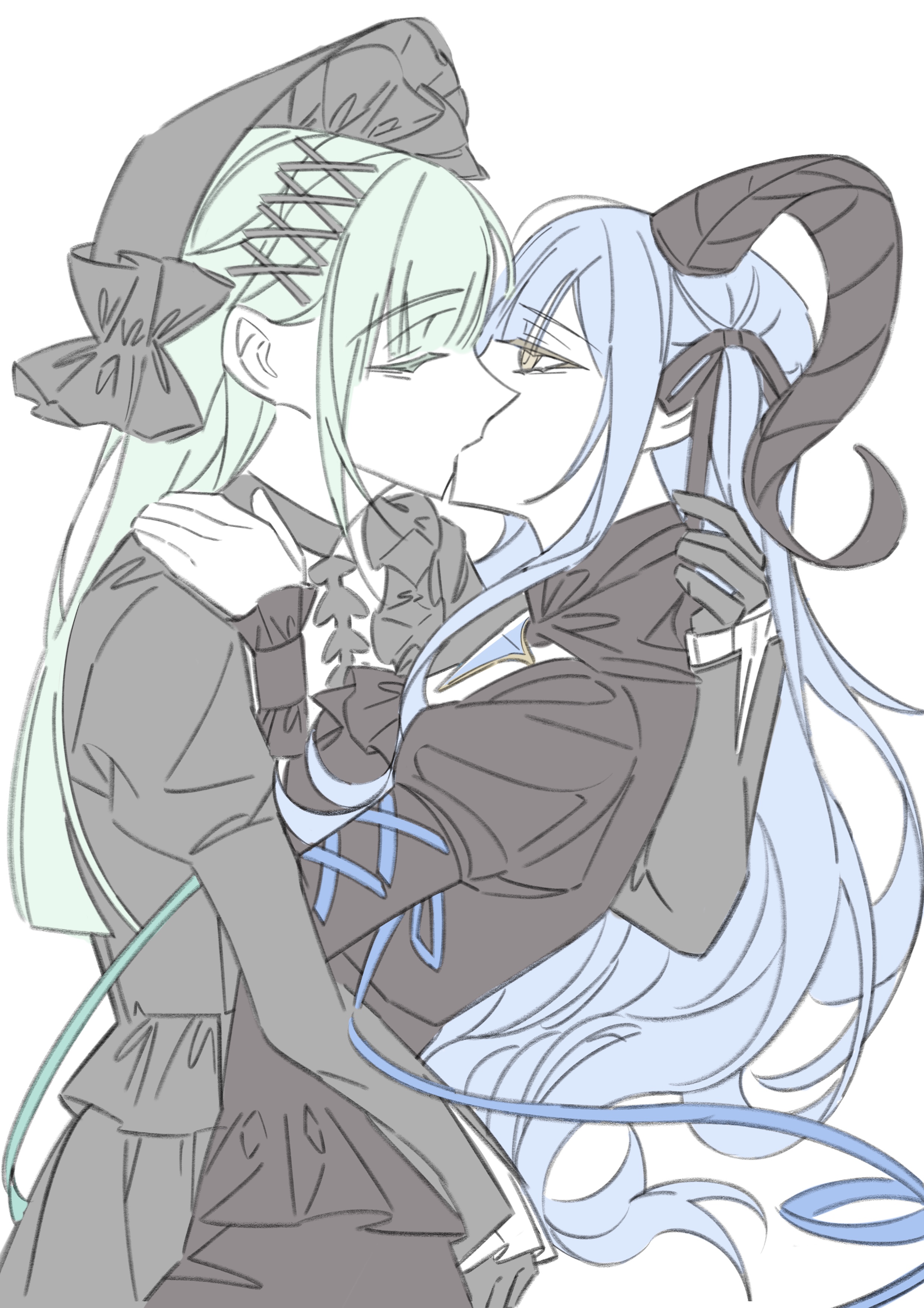 daydreamer023, togawa sakiko, wakaba mutsumi, arknights, bang dream!, bang dream! it's mygo!!!!!, absurdres, chinese commentary, commentary request, highres, 2girls, black bonnet, black dress, blue hair, bonnet, dress, green hair, grey dress, horns, kiss, long hair, multiple girls, official alternate costume, sidelocks, simple background, togawa sakiko (master of melodia), wakaba mutsumi (marionette's id), white background, yellow eyes, yuri
