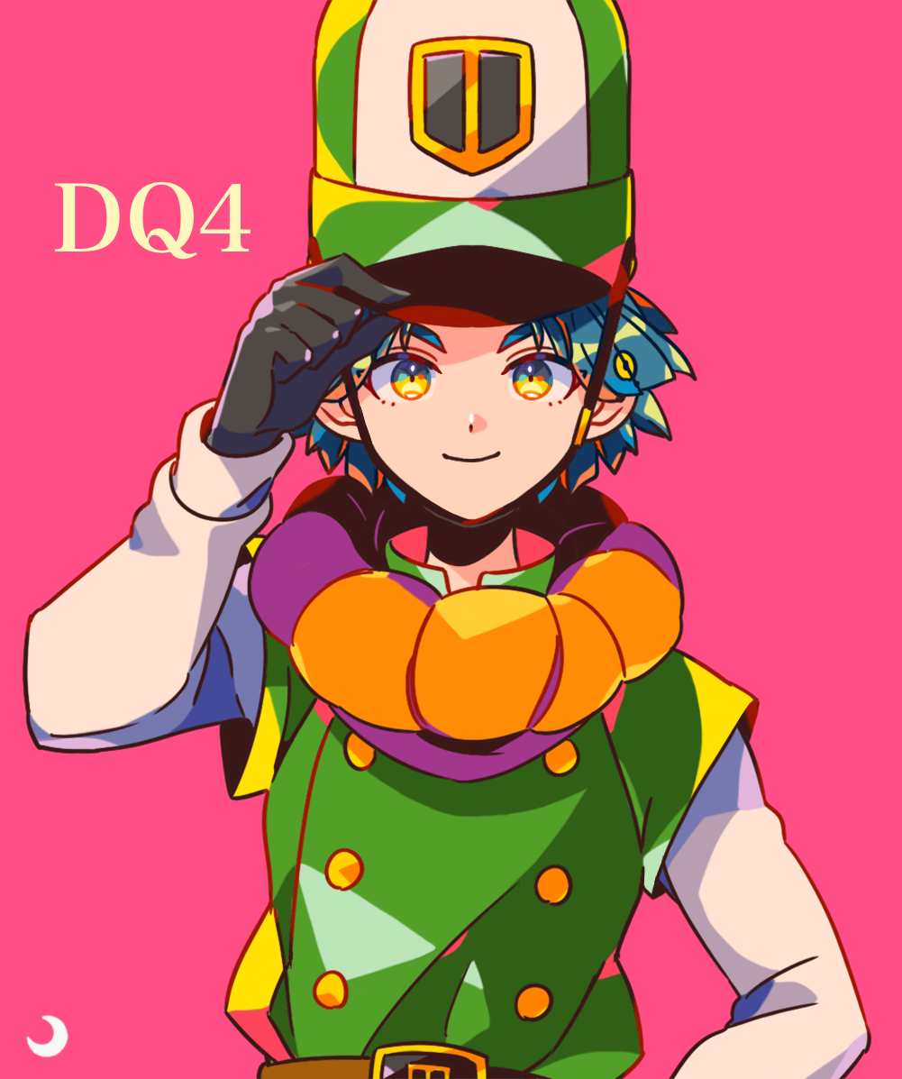 mizuki tsukimori, clift, dragon quest, dragon quest iv, 1boy, adjusting clothes, adjusting headwear, blue hair, closed mouth, copyright name, gloves, hat, looking at viewer, male focus, pink background, short hair, simple background, smile, solo, straight-on, upper body, yellow eyes